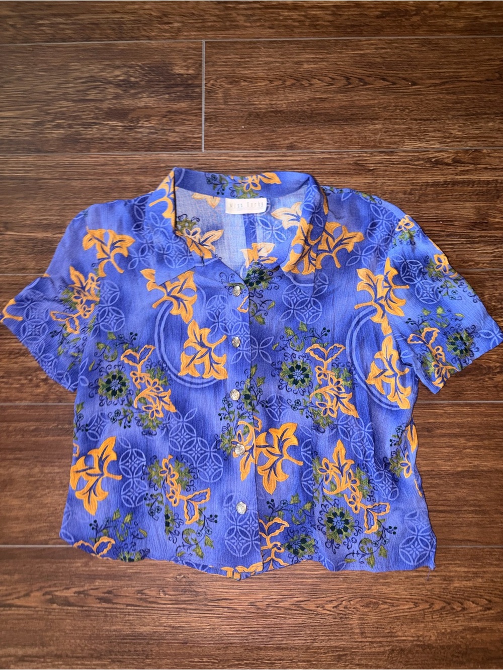 Women’s Blue and Orange Floral Button-Front Shirt - Lightweight Camp Collar